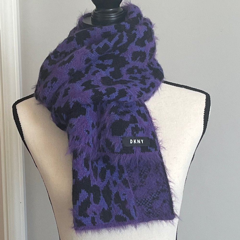 DKNY Fuzzy Animal Print Knit Scarf -Purple